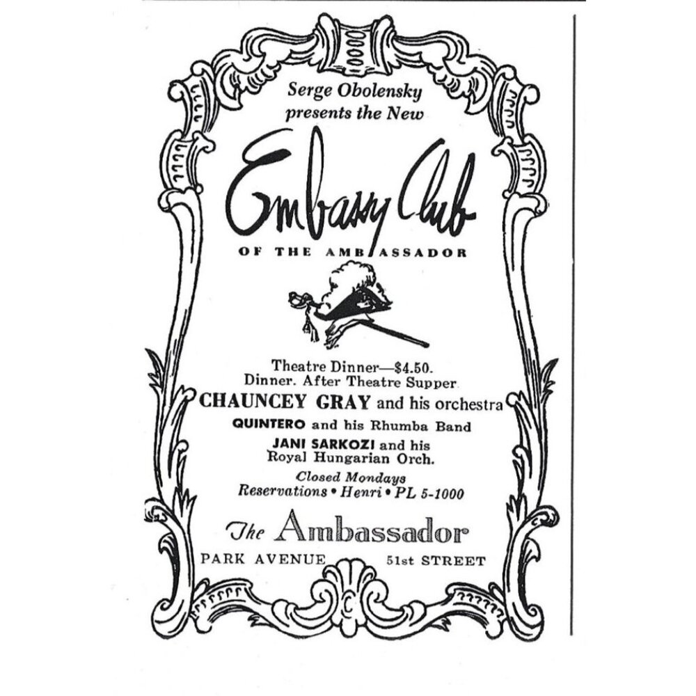 The Ambassador Embassy Club Chauncey Gray Orchestra 1950s Vintage Print Ad